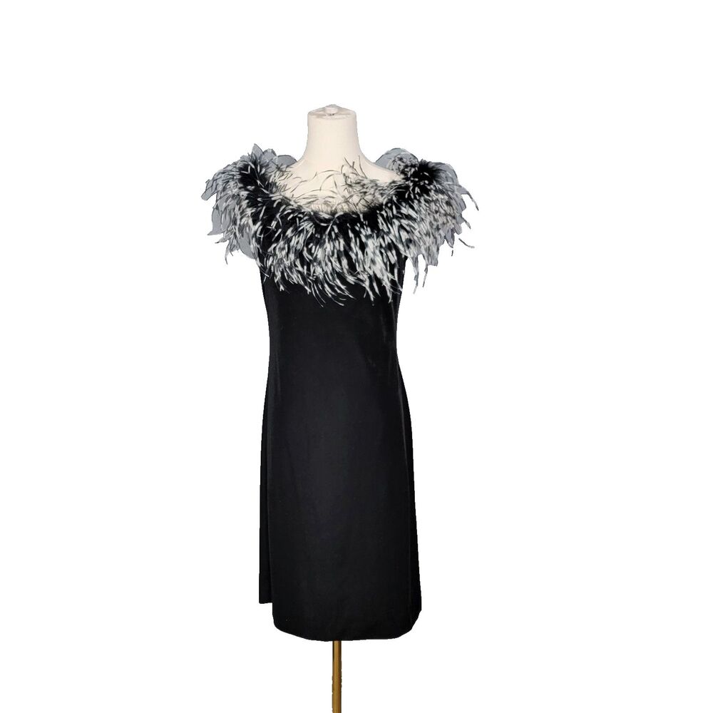Newport News Dress Sm Vintage Ostrich Feather LBD Black Sheath Cocktail Glam